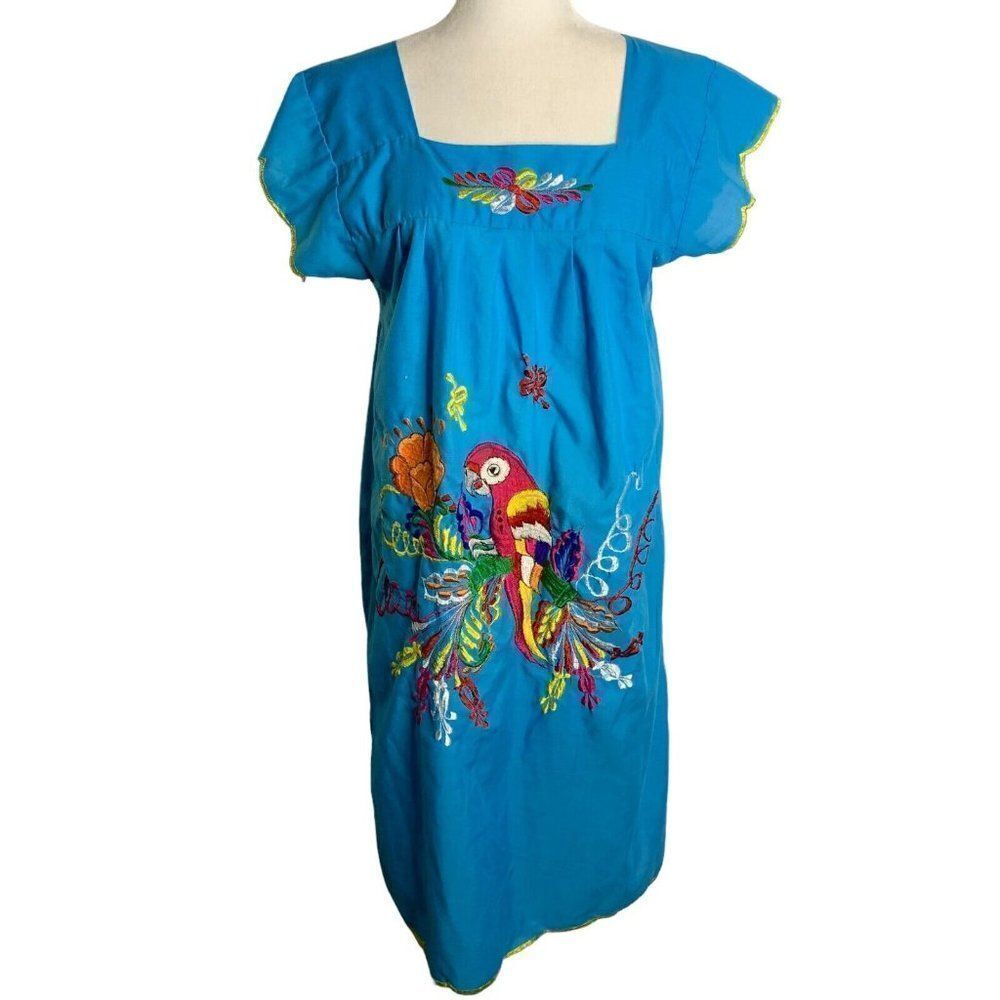 Vintage Embroidered Mexican Shift Dress S Blue Short Sleeves Parrot Square Neck